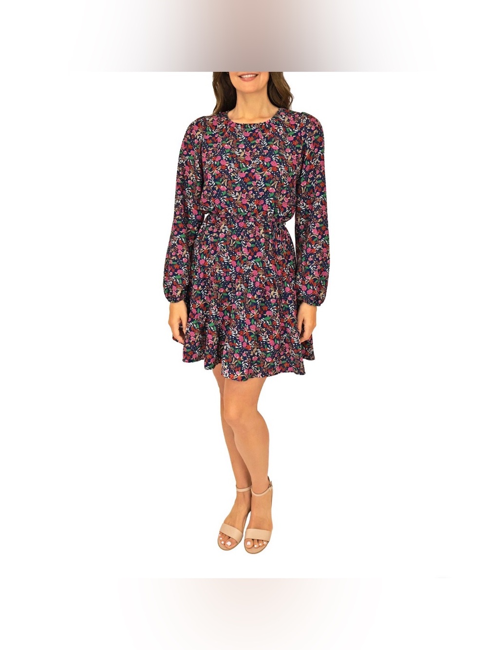 Draper James Pink and Navy Floral Long-Sleeve Ruffle Mini Dress XL